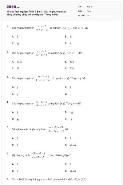 10 câu Trắc nghiệm Toán 9 Bài 3: Giải hệ phương trình bằng phương pháp thế có đáp án (Thông hiểu)