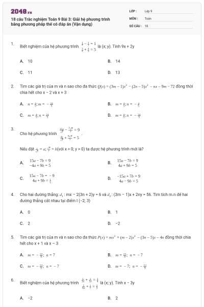 18 câu Trắc nghiệm Toán 9 Bài 3: Giải hệ phương trình bằng phương pháp thế có đáp án (Vận dụng)