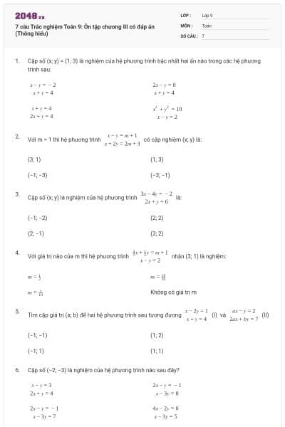 7 câu Trắc nghiệm Toán 9: Ôn tập chương III có đáp án (Thông hiểu)