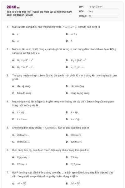 Top 10 đề thi thử THPT Quốc gia môn Vật Lí mới nhất năm 2021 có đáp án (Đề 28)