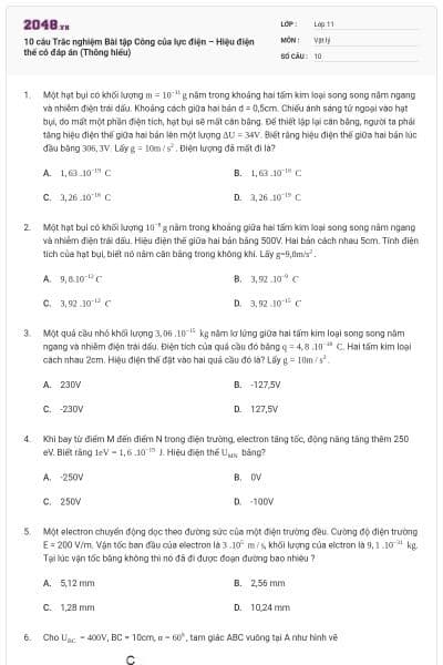 10 câu Trắc nghiệm Bài tập Công của lực điện – Hiệu điện thế có đáp án (Thông hiểu)