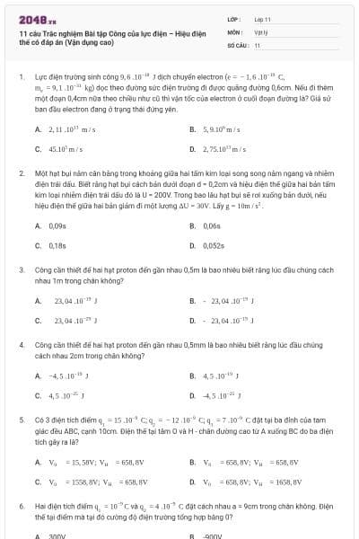 11 câu Trắc nghiệm Bài tập Công của lực điện – Hiệu điện thế có đáp án (Vận dụng cao)