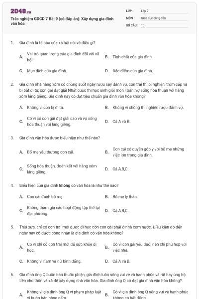 Trắc nghiệm GDCD 7 Bài 9 (có đáp án): Xây dựng gia đình văn hóa