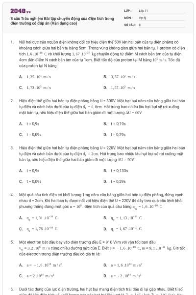 8 câu Trắc nghiệm Bài tập chuyển động của điện tích trong điện trường có đáp án (Vận dụng cao)