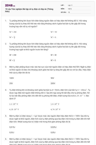 18 câu Trắc nghiệm Bài tập về tụ điện có đáp án (Thông hiểu)