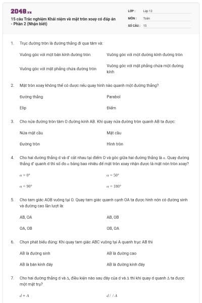 15 câu Trắc nghiệm Khái niệm về mặt tròn xoay có đáp án - Phần 2 (Nhận biết)
