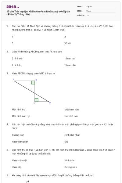 15 câu Trắc nghiệm Khái niệm về mặt tròn xoay có đáp án - Phần 2 (Thông hiểu)