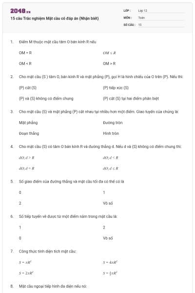 15 câu Trắc nghiệm Mặt cầu có đáp án (Nhận biết)