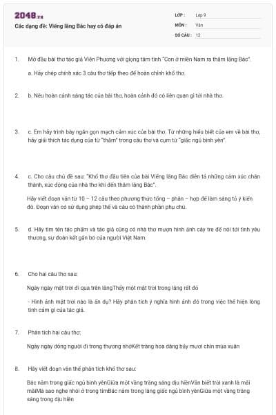 Các dạng đề: Viếng lăng Bác hay có đáp án