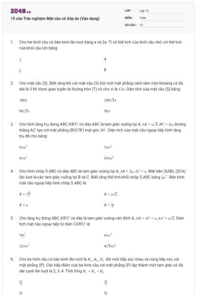 15 câu Trắc nghiệm Mặt cầu có đáp án (Vận dụng)