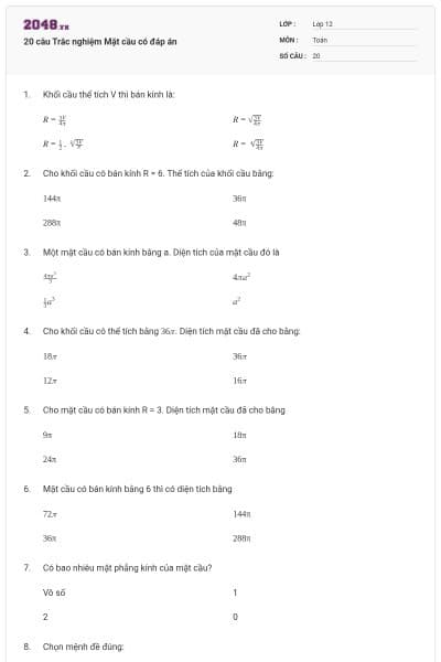 20 câu Trắc nghiệm Mặt cầu có đáp án
