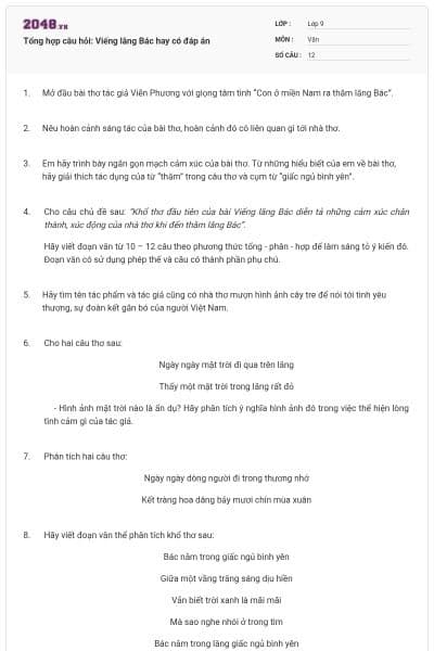 Tổng hợp câu hỏi: Viếng lăng Bác hay có đáp án