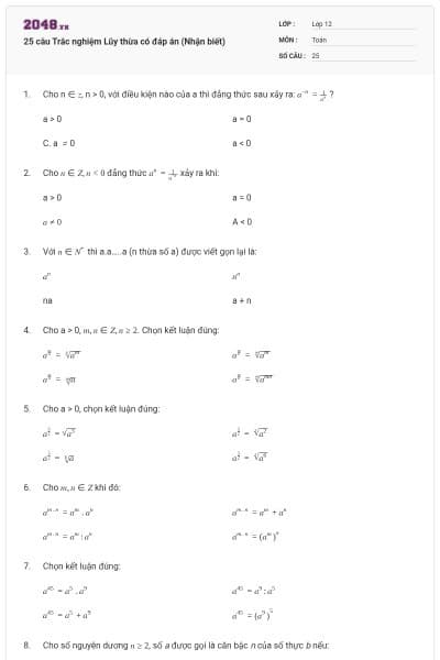 25 câu  Trắc nghiệm Lũy thừa có đáp án (Nhận biết)