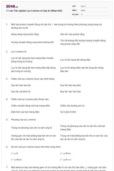 11 câu Trắc nghiệm Lực Lorenxơ có đáp án (Nhận biết)
