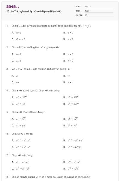 25 câu  Trắc nghiệm Lũy thừa có đáp án (Nhận biết)
