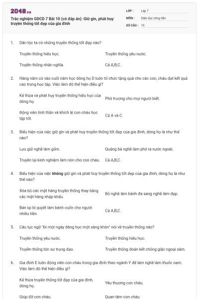 Trắc nghiệm GDCD 7 Bài 10 (có đáp án): Giữ gìn, phát huy truyền thống tốt đẹp của gia đình