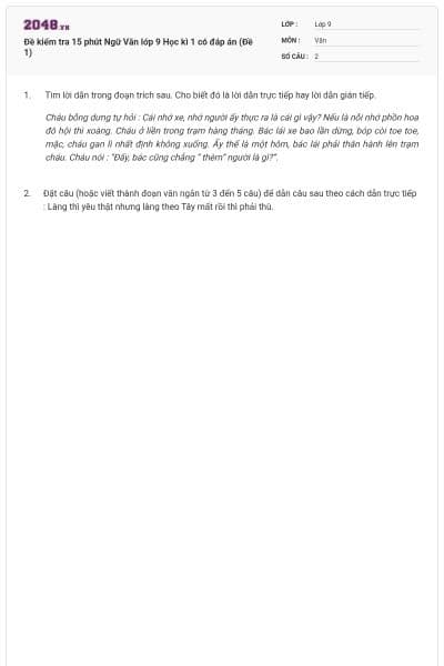 Đề kiểm tra 15 phút Ngữ Văn lớp 9 Học kì 1 có đáp án (Đề 1)