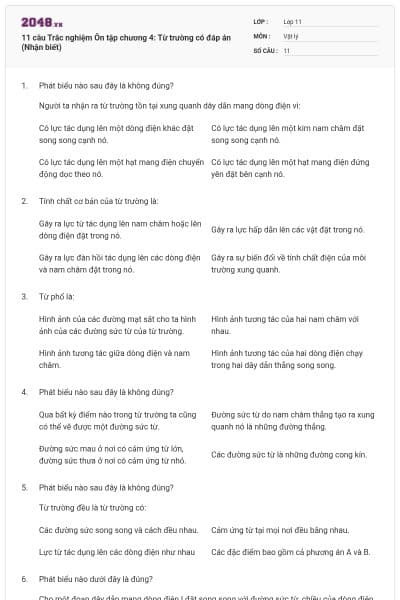 11 câu  Trắc nghiệm Ôn tập chương 4: Từ trường có đáp án (Nhận biết)