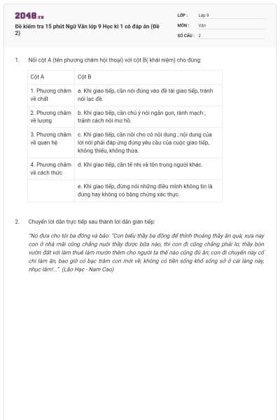 Đề kiểm tra 15 phút Ngữ Văn lớp 9 Học kì 1 có đáp án (Đề 2)