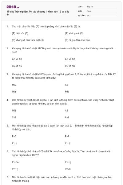 35 câu Trắc nghiệm Ôn tập chương II Hình học 12 có đáp án