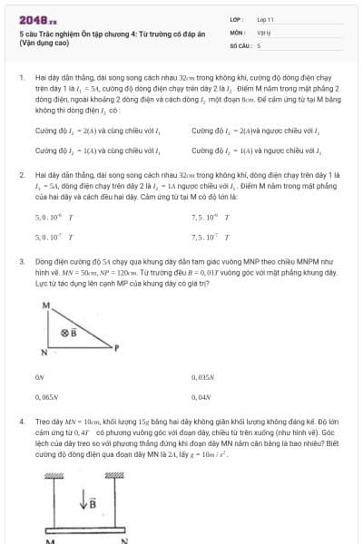 5 câu  Trắc nghiệm Ôn tập chương 4: Từ trường có đáp án (Vận dụng cao)