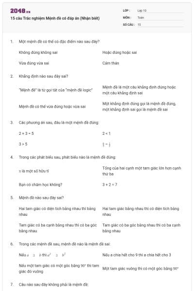 15 câu Trắc nghiệm Mệnh đề có đáp án (Nhận biết)