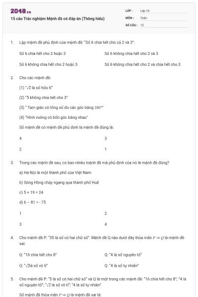 15 câu Trắc nghiệm Mệnh đề có đáp án (Thông hiểu)