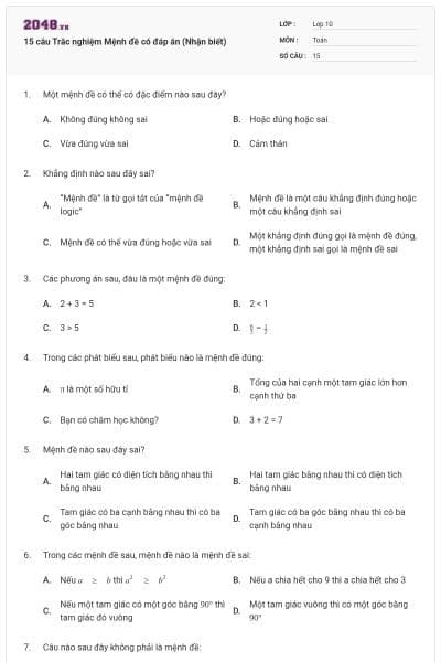 15 câu Trắc nghiệm Mệnh đề có đáp án (Nhận biết)