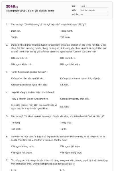 Trắc nghiệm GDCD 7 Bài 11 (có đáp án): Tự tin