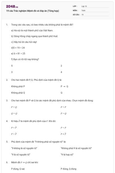 19 câu Trắc nghiệm Mệnh đề có đáp án (Tổng hợp)