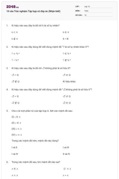 10 câu Trắc nghiệm Tập hợp có đáp án (Nhận biết)