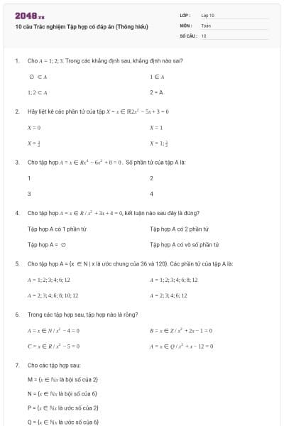 10 câu Trắc nghiệm Tập hợp có đáp án (Thông hiểu)