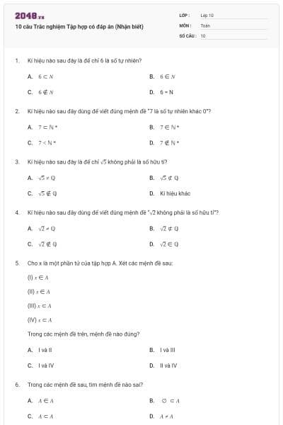 10 câu Trắc nghiệm Tập hợp có đáp án (Nhận biết)