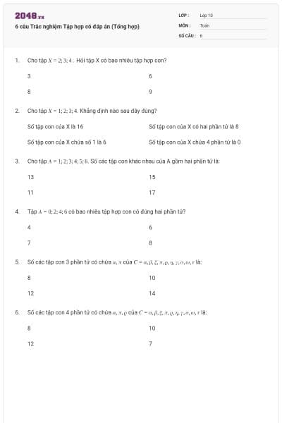 6 câu Trắc nghiệm Tập hợp có đáp án (Tổng hợp)