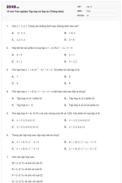 10 câu Trắc nghiệm Tập hợp có đáp án (Thông hiểu)