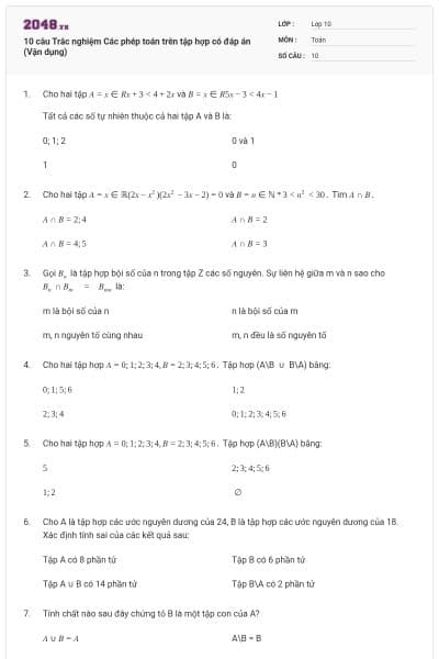 10 câu  Trắc nghiệm Các phép toán trên tập hợp có đáp án (Vận dụng)