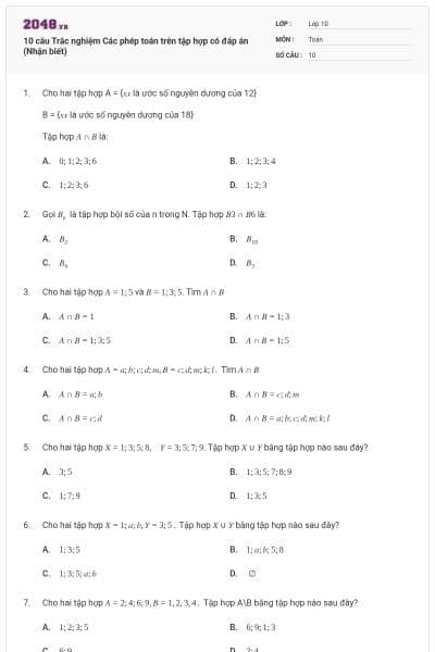 10 câu  Trắc nghiệm Các phép toán trên tập hợp có đáp án (Nhận biết)