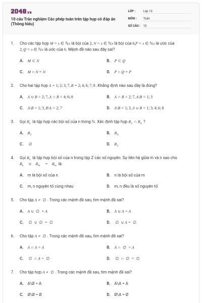 10 câu  Trắc nghiệm Các phép toán trên tập hợp có đáp án (Thông hiểu)