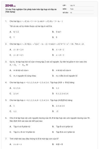 10 câu  Trắc nghiệm Các phép toán trên tập hợp có đáp án (Vận dụng)