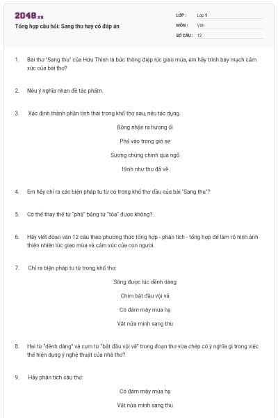 Tổng hợp câu hỏi: Sang thu hay có đáp án