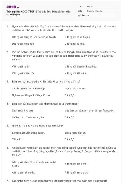 Trắc nghiệm GDCD 7 Bài 12 (có đáp án): Sống và làm việc có kế hoạch