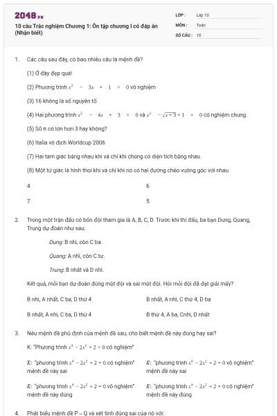 10 câu  Trắc nghiệm Chương 1: Ôn tập chương I có đáp án (Nhận biết)