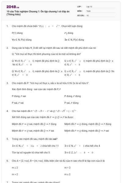 10 câu  Trắc nghiệm Chương 1: Ôn tập chương I có đáp án (Thông hiểu)