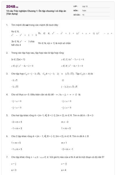 10 câu  Trắc nghiệm Chương 1: Ôn tập chương I có đáp án (Vận dụng)