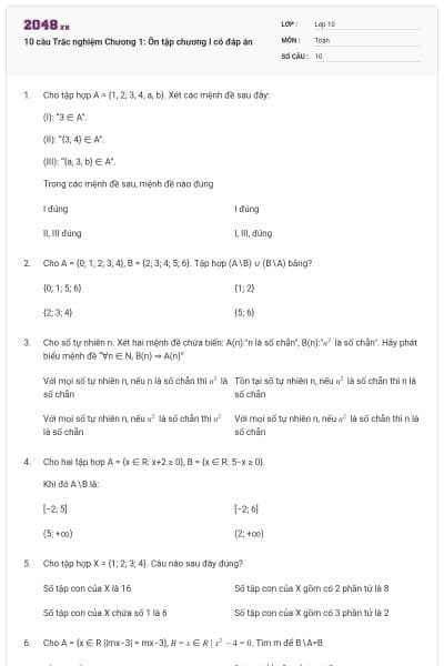10 câu Trắc nghiệm Chương 1: Ôn tập chương I có đáp án