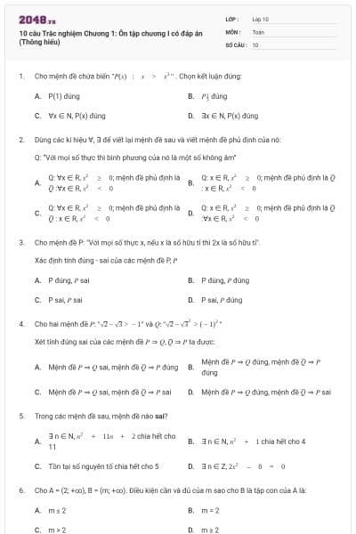 10 câu  Trắc nghiệm Chương 1: Ôn tập chương I có đáp án (Thông hiểu)