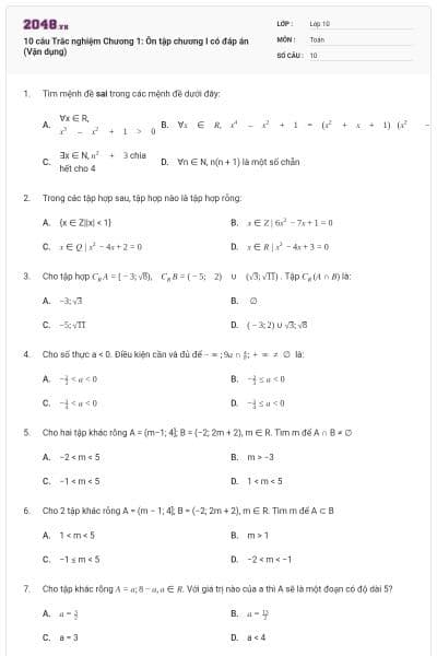 10 câu  Trắc nghiệm Chương 1: Ôn tập chương I có đáp án (Vận dụng)