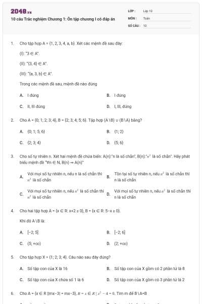 10 câu Trắc nghiệm Chương 1: Ôn tập chương I có đáp án