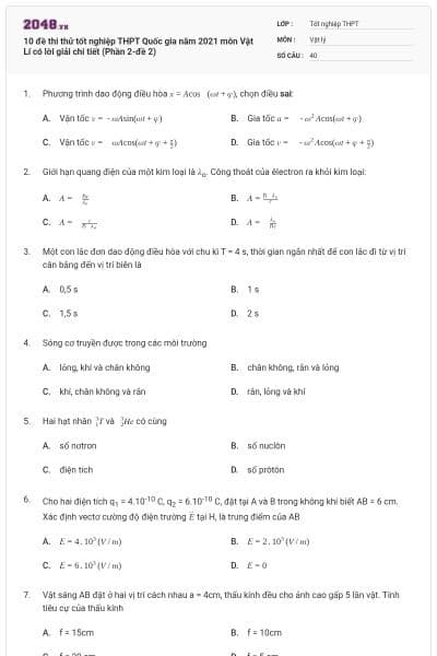 10 đề thi thử tốt nghiệp THPT Quốc gia năm 2021 môn Vật Lí có lời giải chi tiết (Phần 2-đề 2)