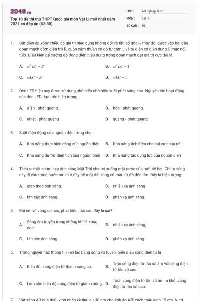 Top 10 đề thi thử THPT Quốc gia môn Vật Lí mới nhất năm 2021 có đáp án (Đề 30)